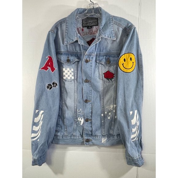 Brooklyn Cloth Jean Jacket men's size M Embroidered Denim Stenciled Patches - Picture 1 of 16